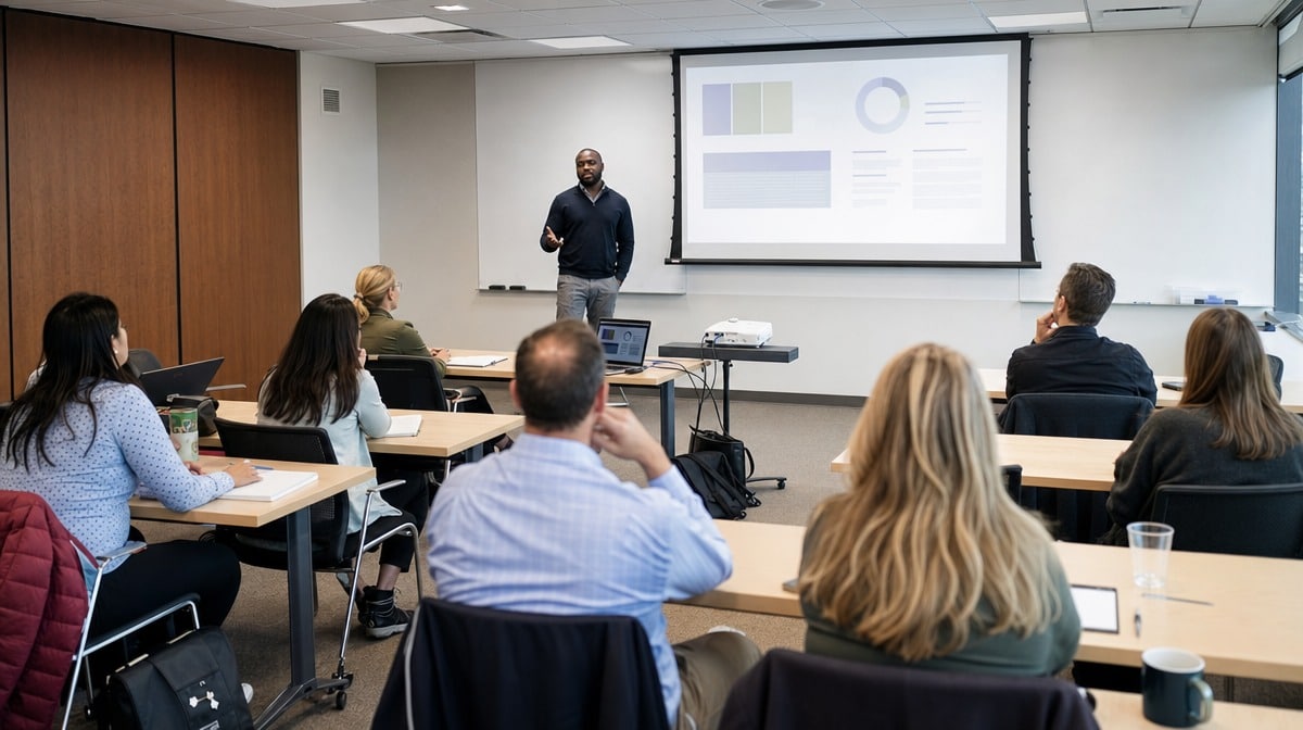 Presenter leading a passive lecture style employee training session