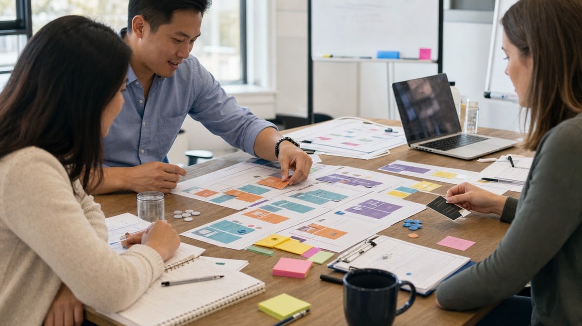 Employees practicing a hands-on business process training exercise