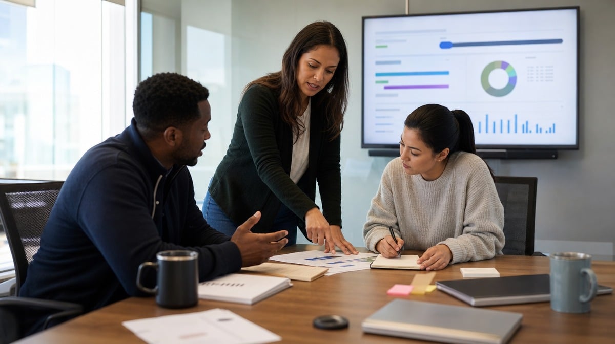 Facilitator guiding learners through feedback during a training exercise