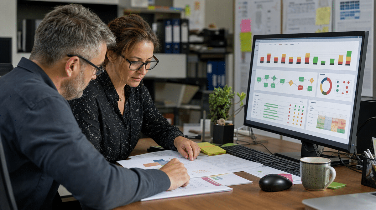 Operations team reviewing current business problems on a dashboard