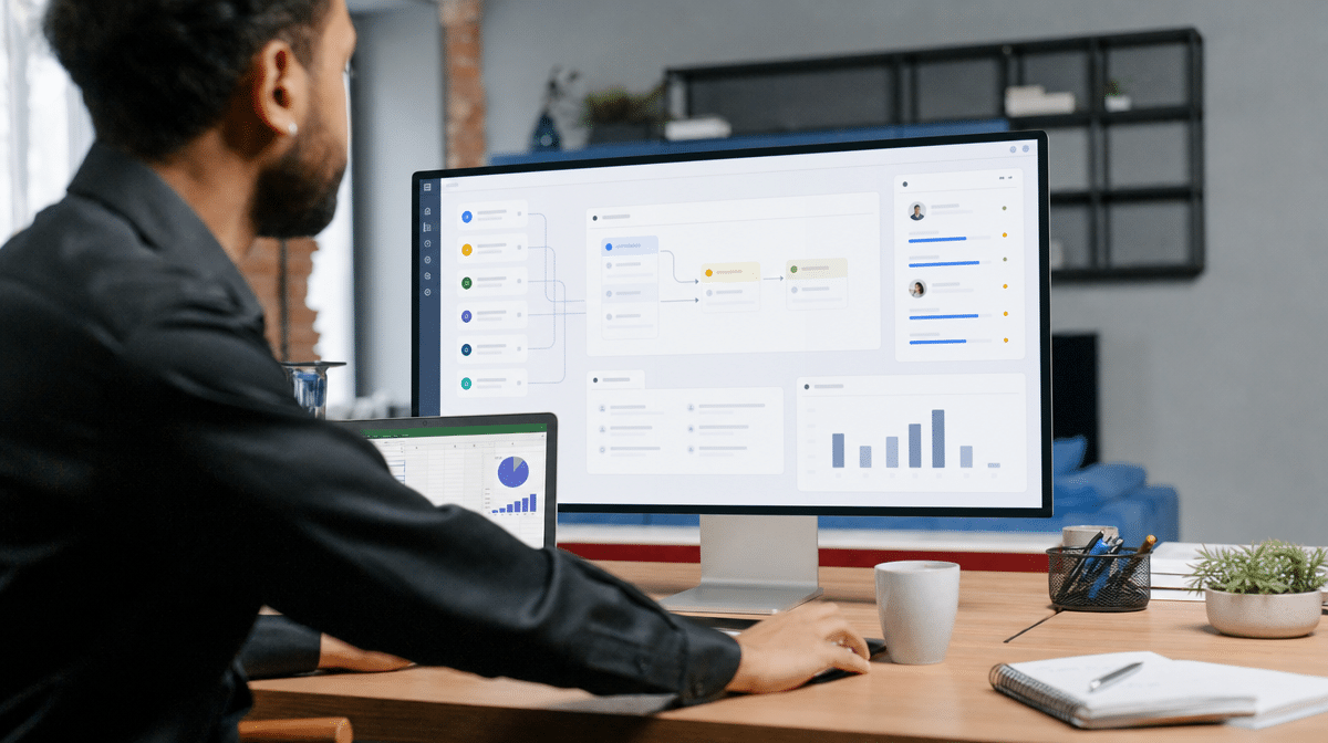 Business owner reviewing workflow tools on office monitors