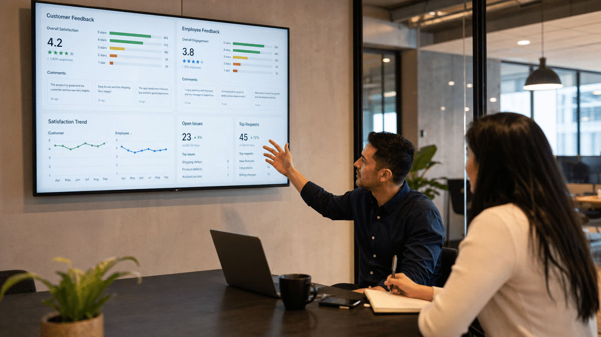 Manager reviewing customer and employee feedback dashboard
