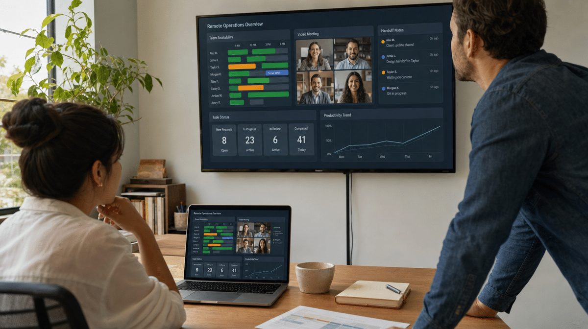 Manager reviewing remote work operations dashboard