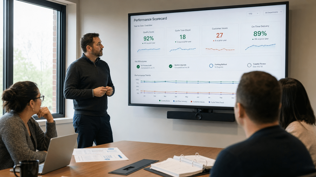 Quality manager presenting a business performance scorecard