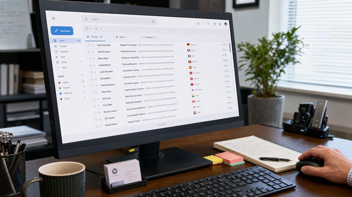 Email dashboard showing international customer inquiries