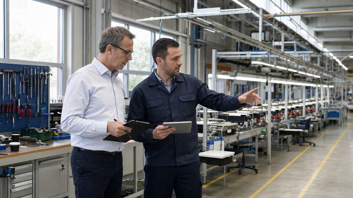 Managers reviewing unused production capacity on a factory floor
