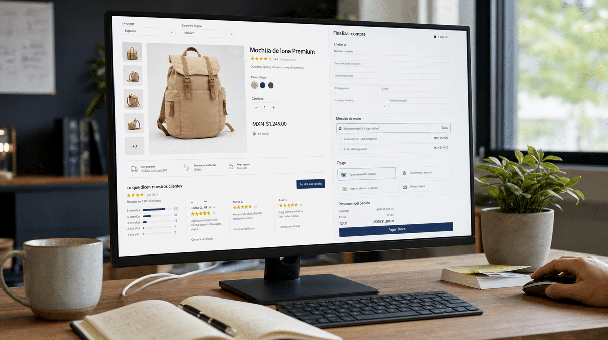 Multilingual ecommerce checkout showing local currency, reviews, and payment options
