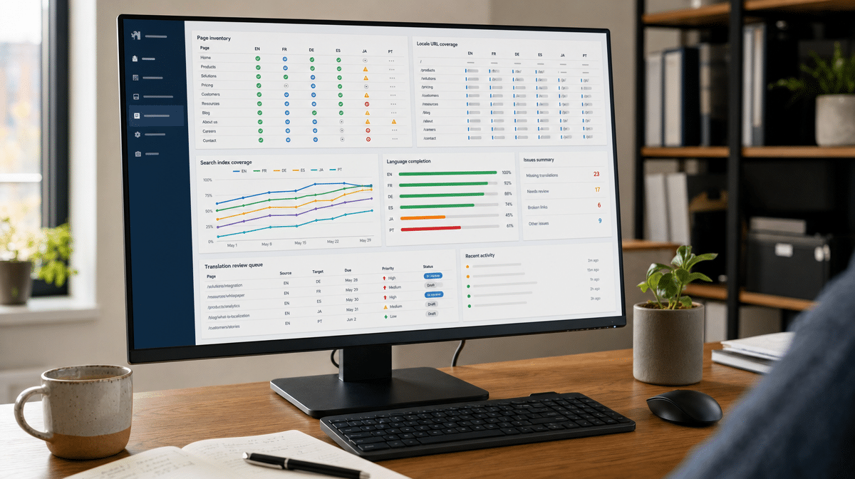 Multilingual website localization dashboard showing language and search coverage