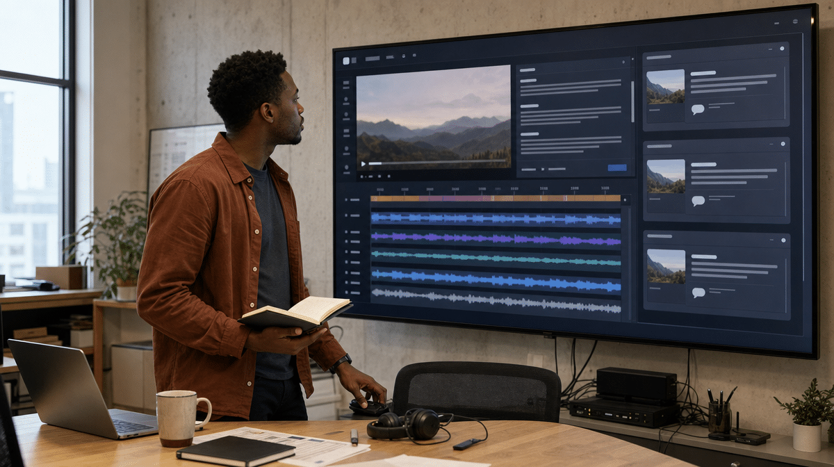 Social media manager reviewing translated video captions and localized campaign content