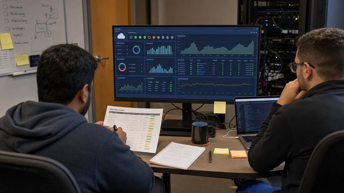 IT operations team monitoring staged cloud migration and backups