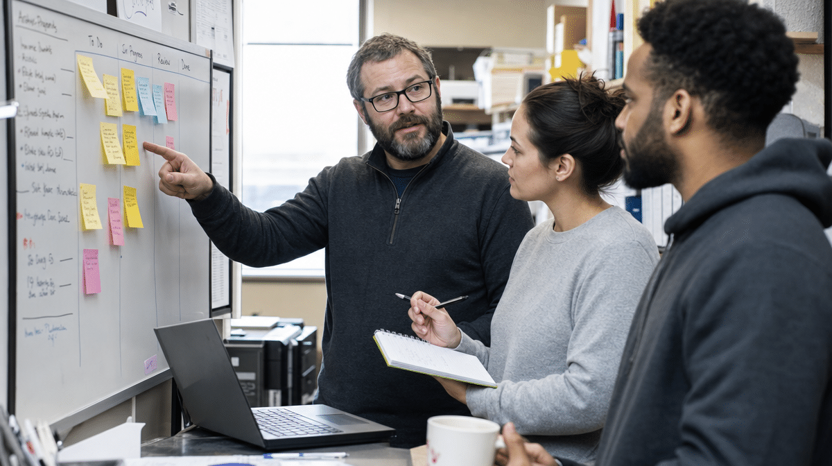 Employees cross-training around a shared process board