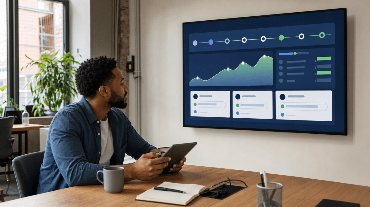 Small business founder reviewing a venture progress dashboard in a working office.