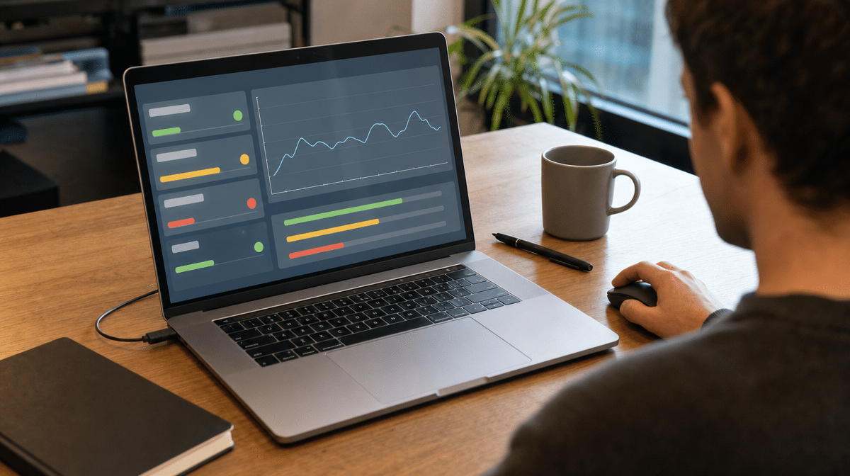 Founder reviewing business risks and next-step experiments on a laptop dashboard.