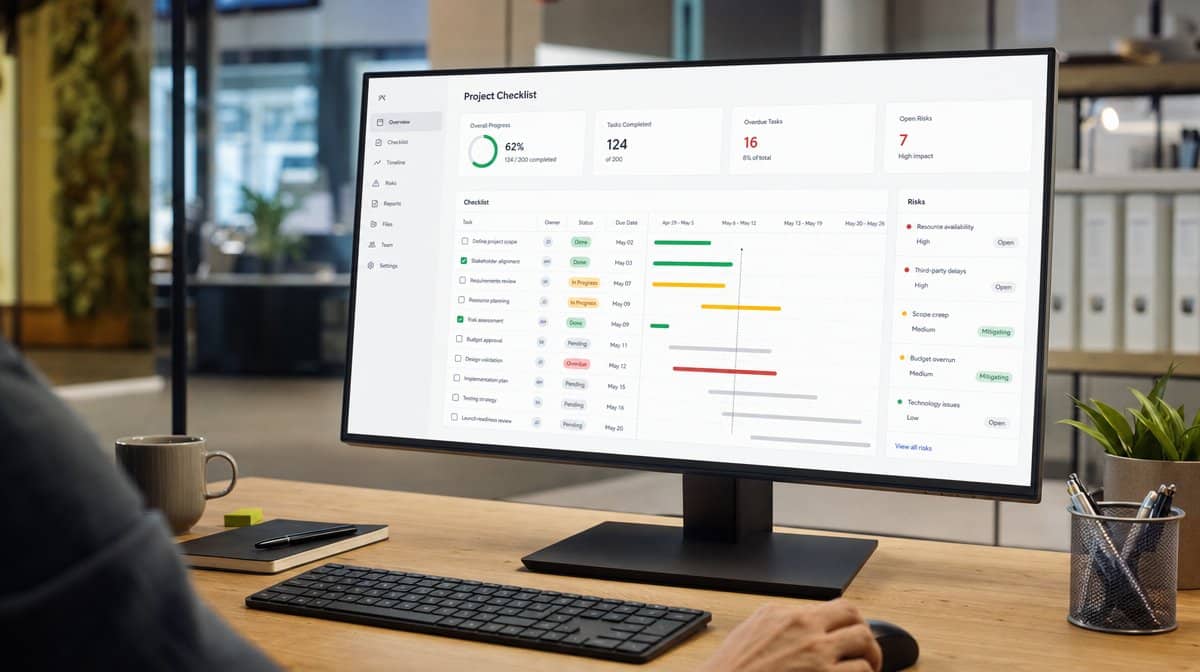 Project checklist dashboard showing task status, deadlines, and risk indicators