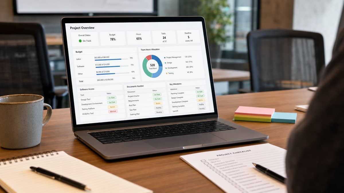 Project budget dashboard showing resource allocation, team hours, and required tools