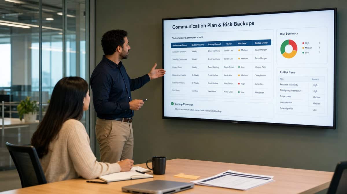 Project manager presenting a communication plan and risk backup dashboard