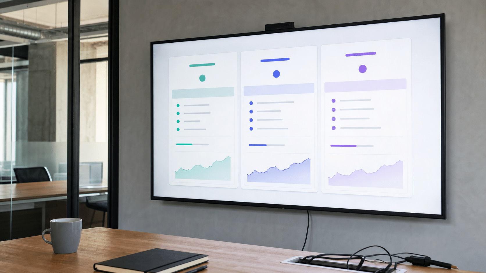 Three SaaS subscription pricing tiers on a meeting room display