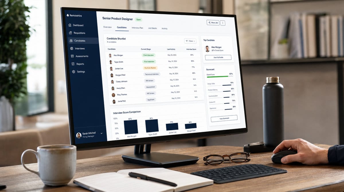 Remote hiring evaluation dashboard on a desk monitor showing a candidate shortlist and interview scores