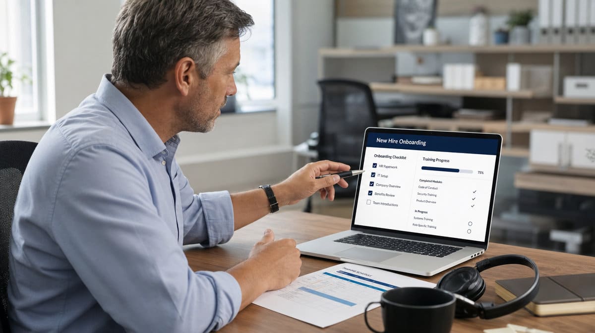 Manager reviewing a new remote hire onboarding and training checklist on a laptop