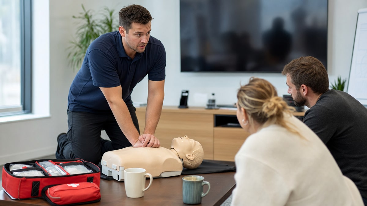 First-aid instructor demonstrating CPR on a training manikin to employees during a workplace safety training session