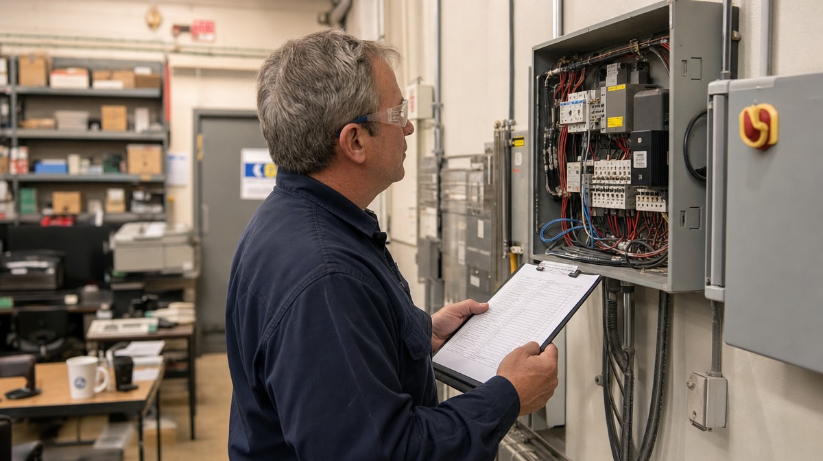 Maintenance technician in safety glasses inspecting an open electrical panel with an audit checklist during a workplace safety audit