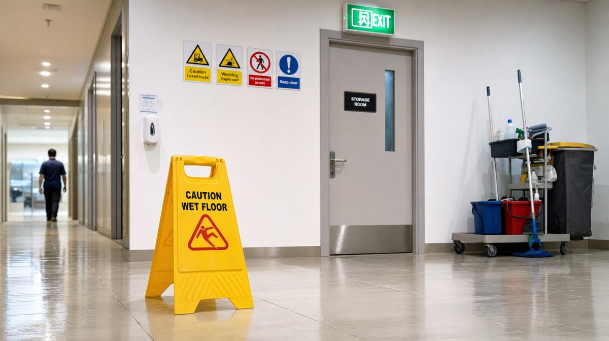 Yellow wet floor caution sign and hazard signage in a clean facility corridor with a cleaning cart