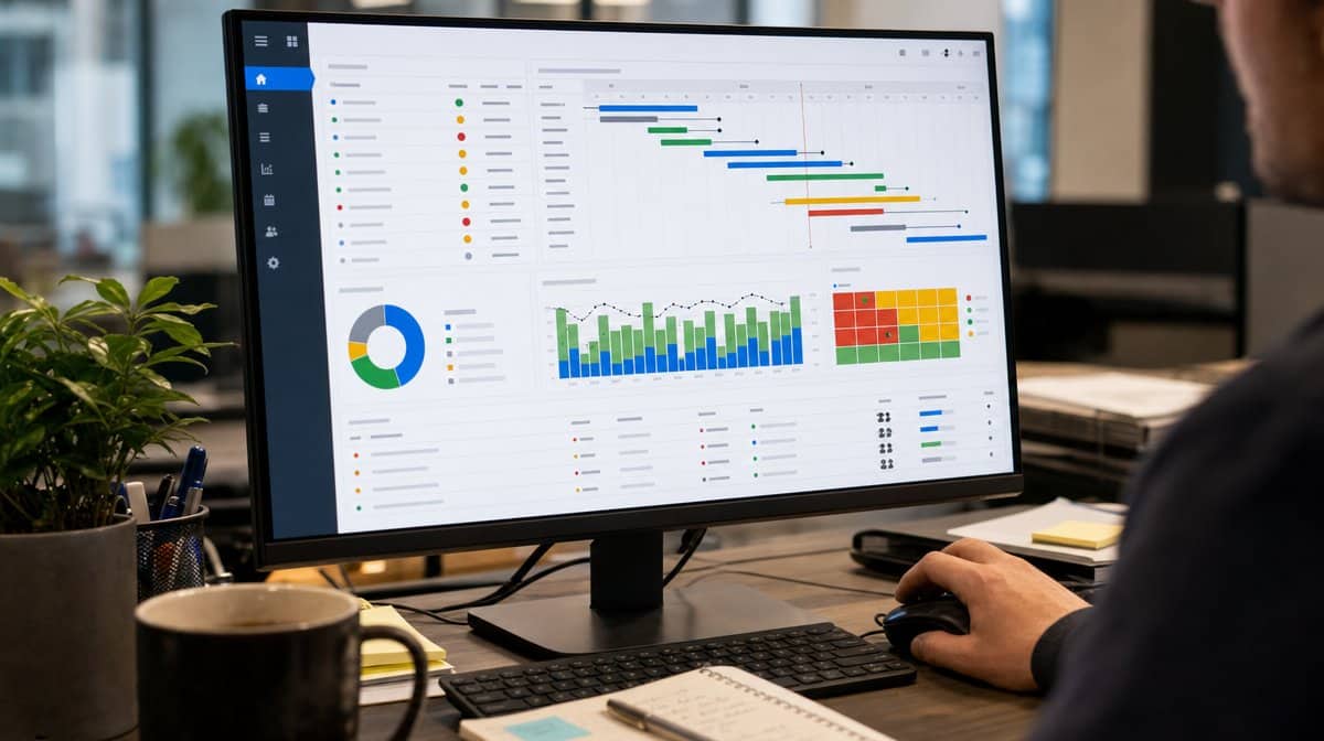 Project management dashboard showing task status, timeline, and team capacity on a desk monitor