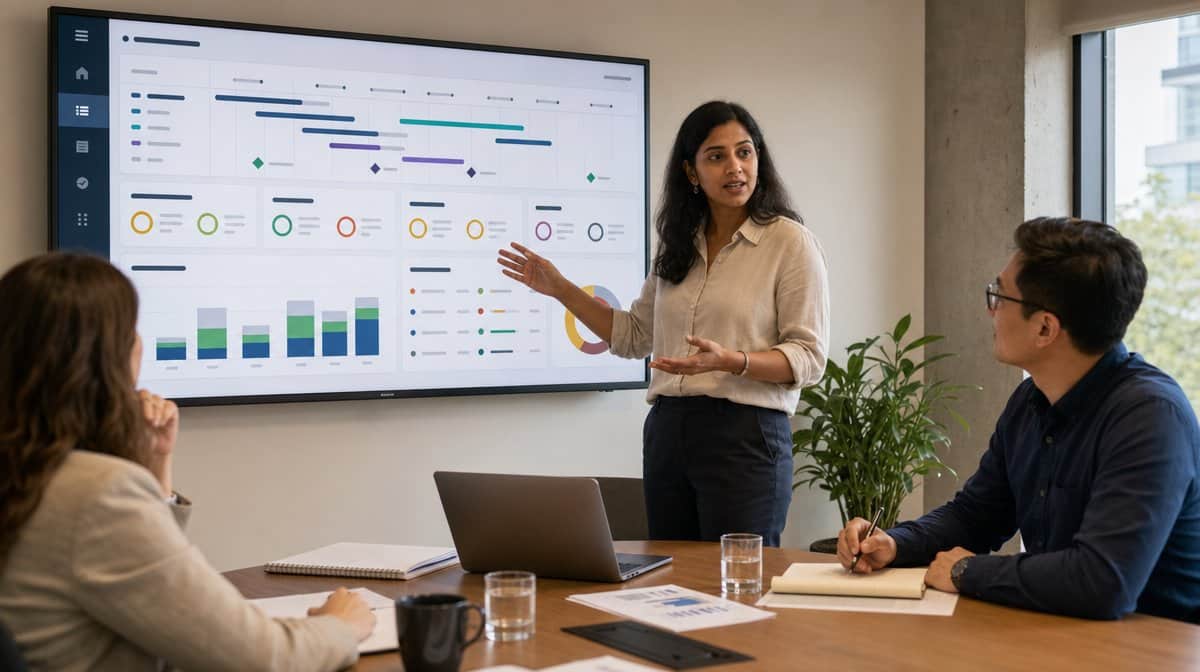 Project manager leading a team discussion beside a project dashboard in a meeting room