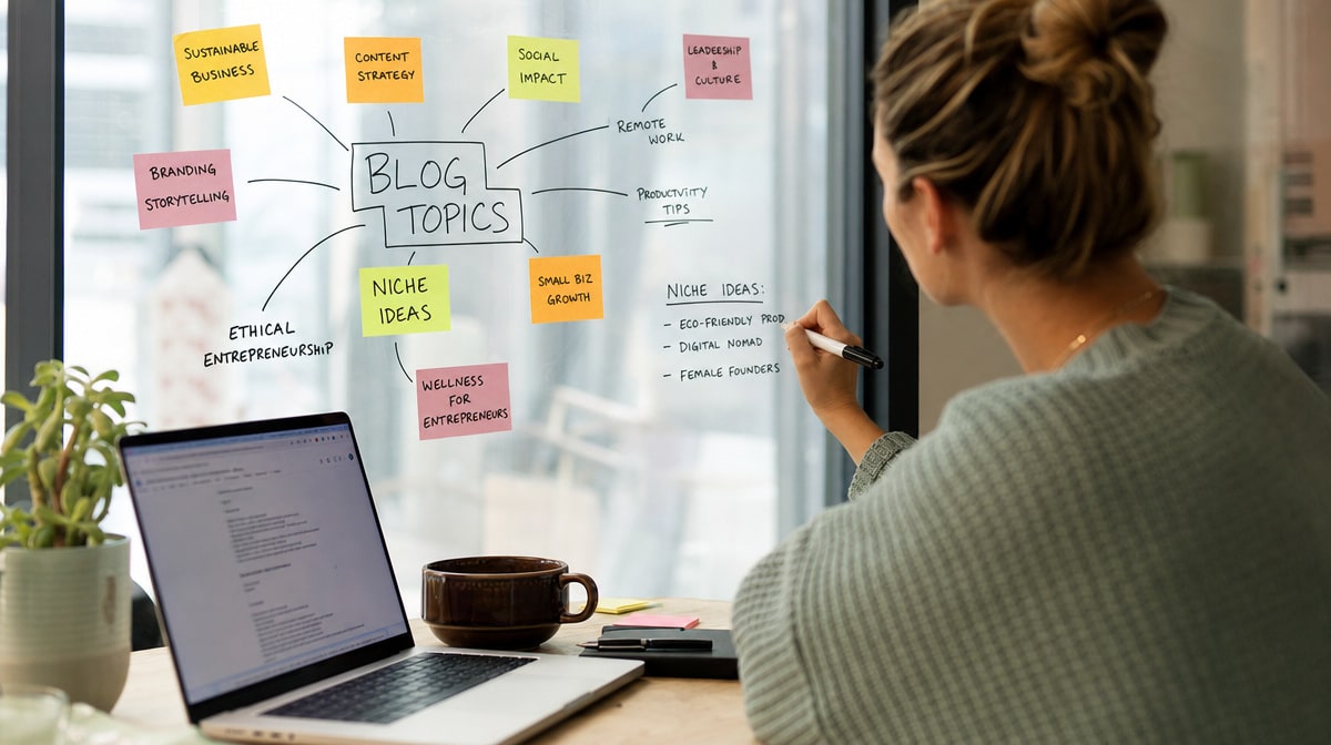 Business owner brainstorming blog niche and topic ideas on sticky notes