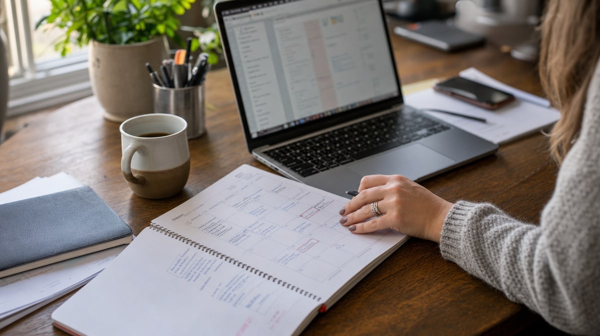 Editorial content calendar and laptop used to plan business blog posts