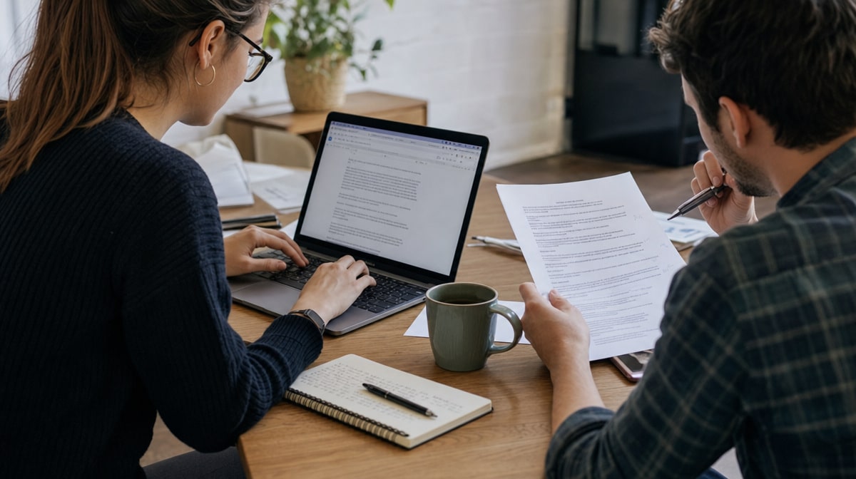 Writer creating engaging blog content for a business audience at a desk