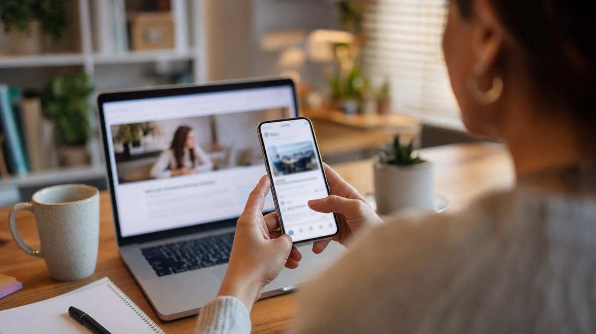 Person sharing a business blog post to social media on a smartphone