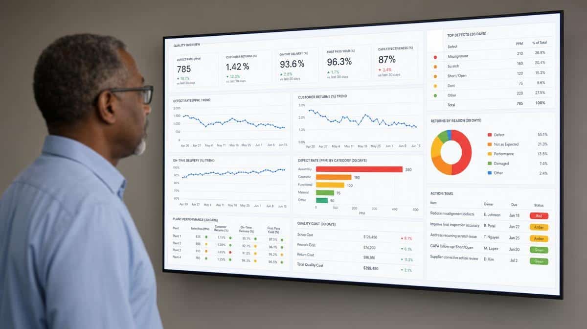 Quality manager presenting a dashboard that connects quality results with business performance