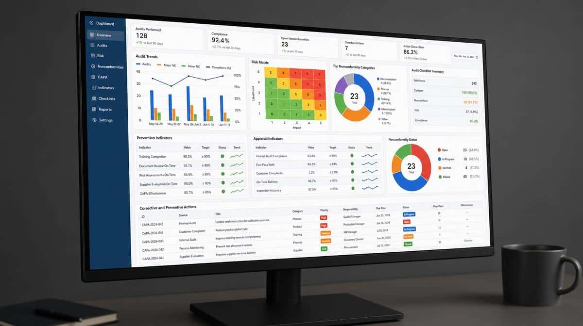 Quality improvement dashboard with audit trends, priorities, and action items on an office monitor