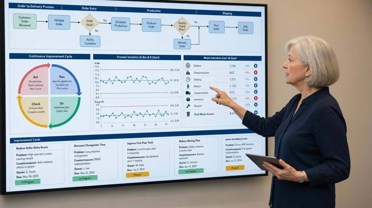 Quality leader comparing several process improvement approaches on a wall display