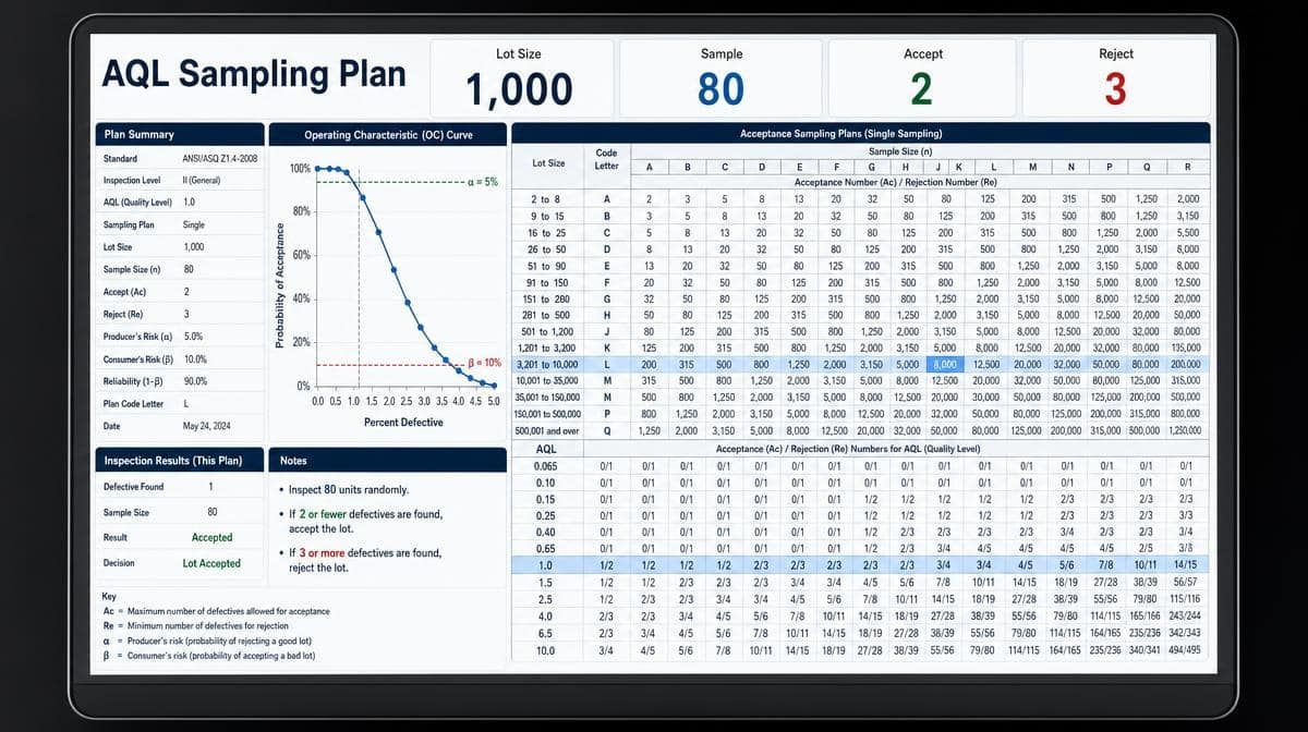 AQL sampling plan dashboard showing lot, sample, acceptance, and rejection thresholds