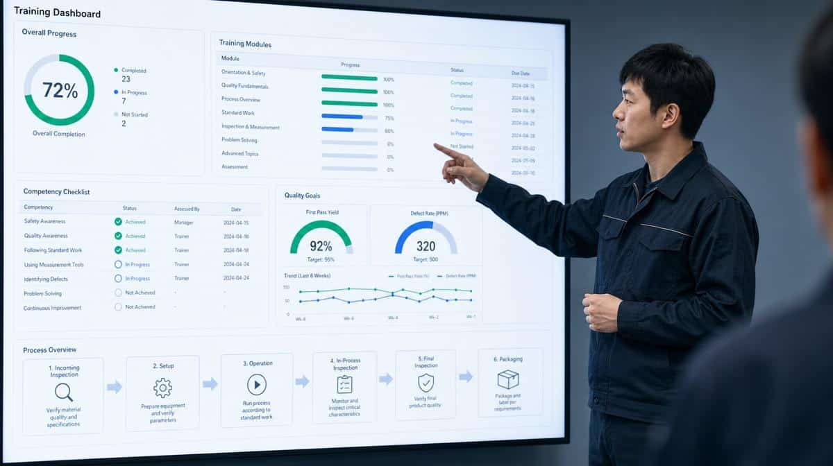 Trainer leading employees through a quality control lesson using a digital dashboard