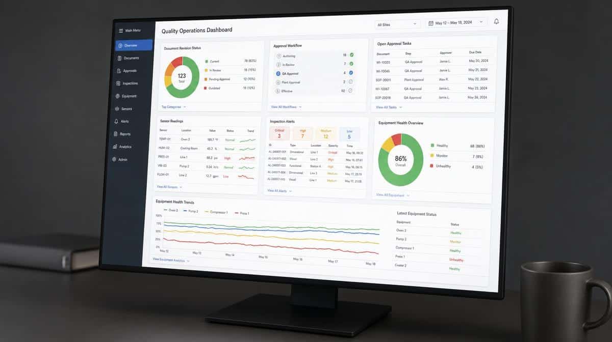 Document control and equipment monitoring dashboard in a quality operations office
