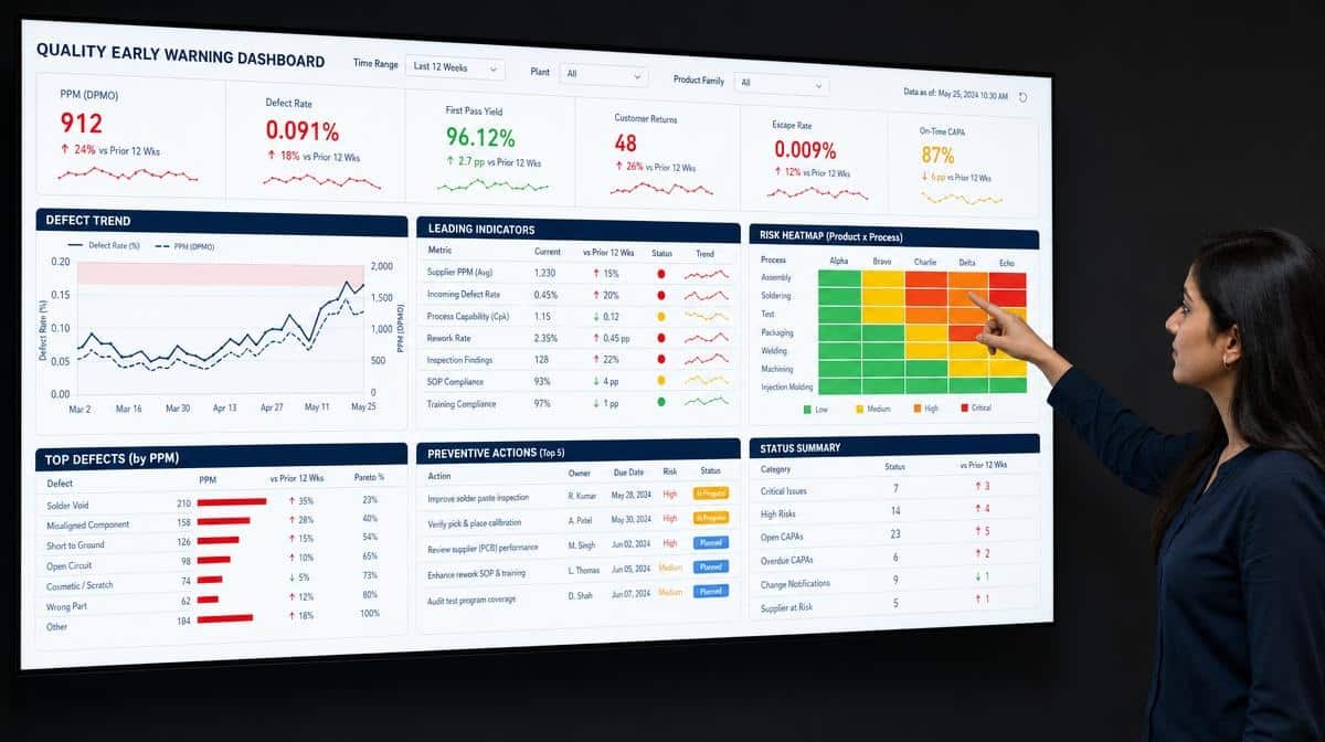 Quality manager reviewing preventive actions and trend signals before problems escalate