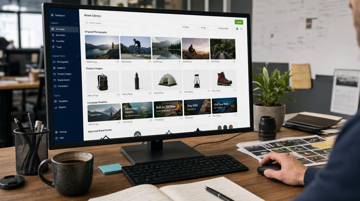Designer reviewing original campaign imagery and visual assets on a brand content dashboard