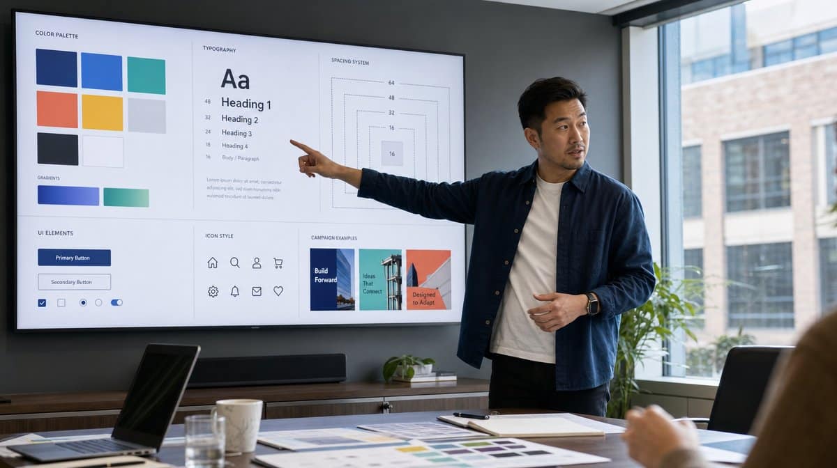 Brand manager presenting color, typography, and spacing guidelines on a wall display