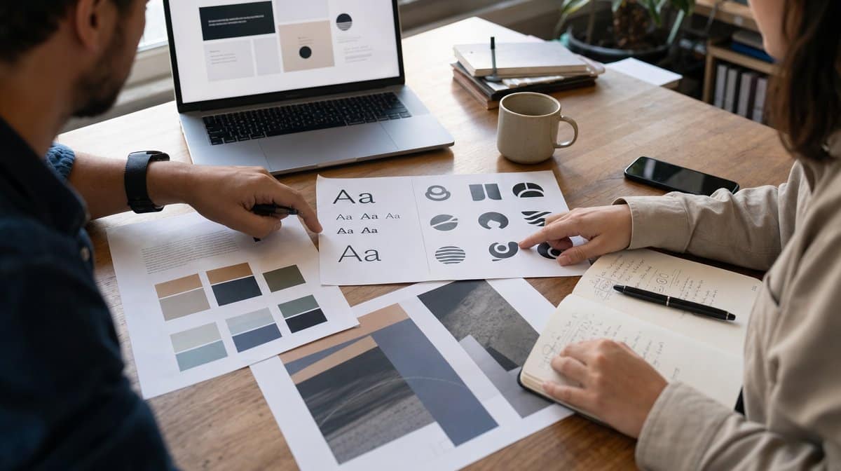 Marketing team comparing typography samples, logo variations, and color swatches on a desk