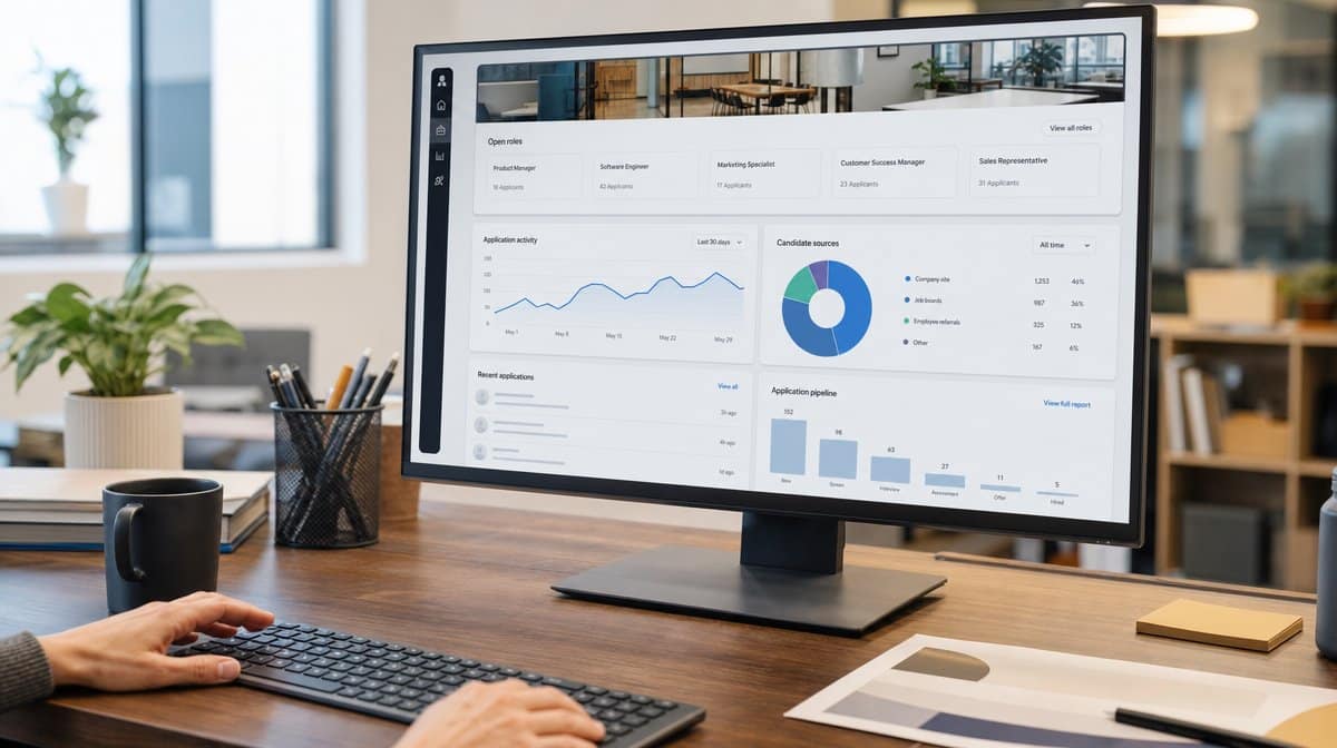 Recruiting dashboard on an office monitor showing open roles and candidate sources
