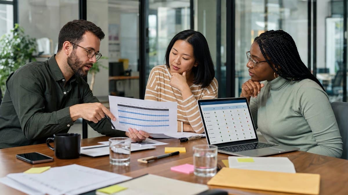 Hiring team reviewing interview scorecards during a candidate debrief