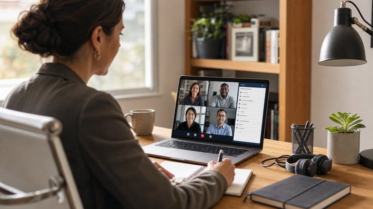 Recruiter taking notes during a remote candidate interview on a laptop