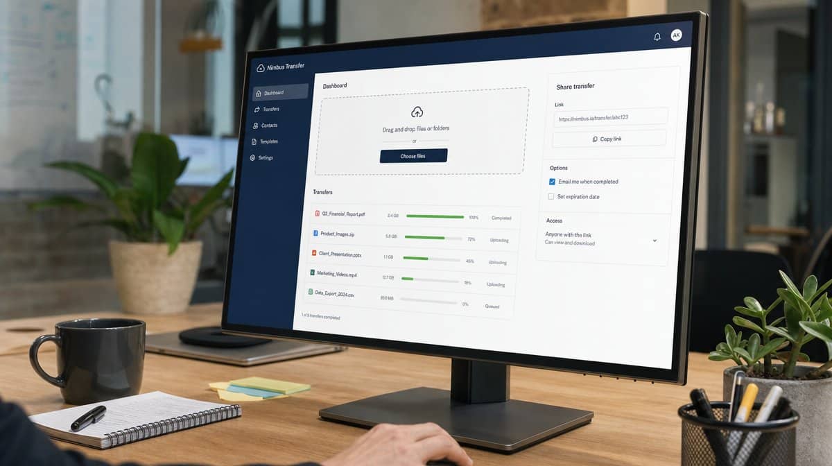 Desk monitor showing a cloud file transfer dashboard with a drag and drop upload area and file progress bars