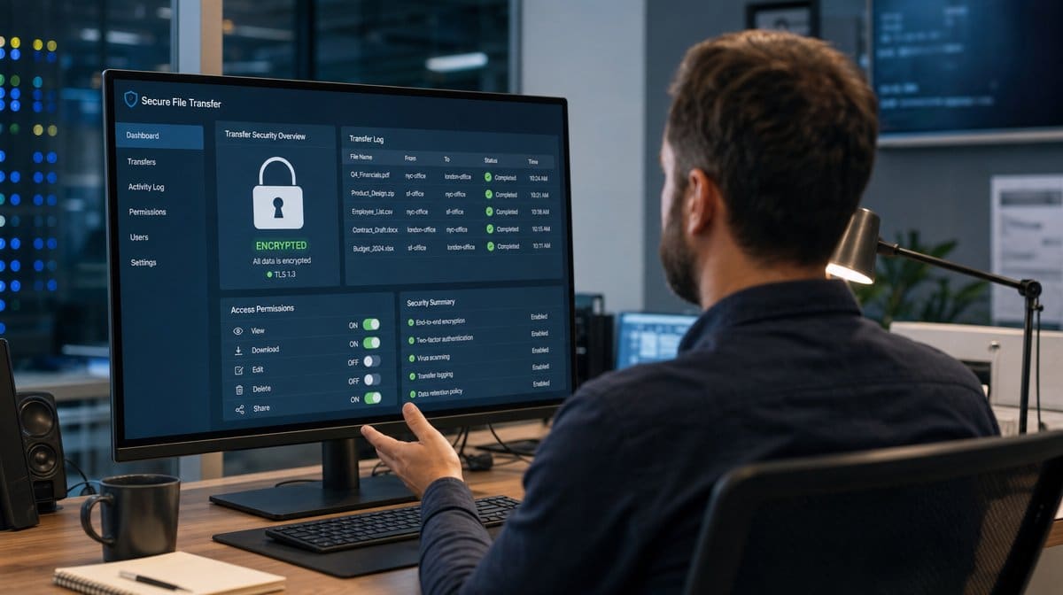 IT professional reviewing a secure file transfer dashboard showing encrypted status and a transfer log on a monitor