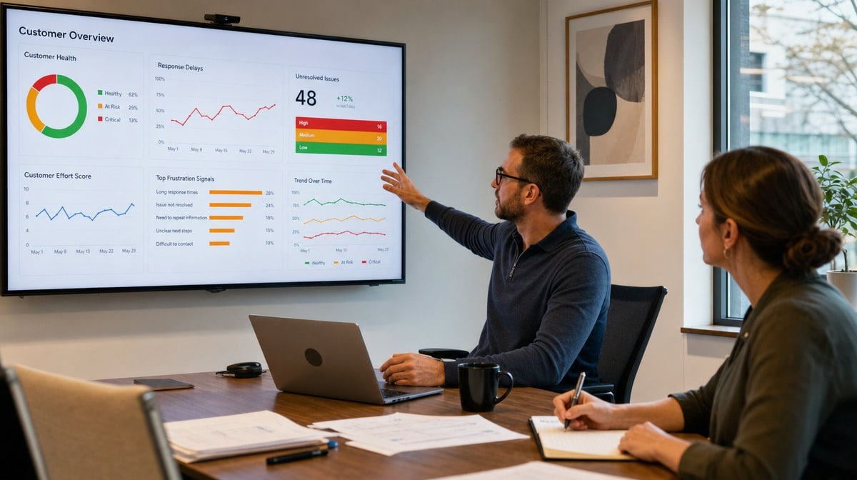 Managers reviewing customer relationship and frustration metrics