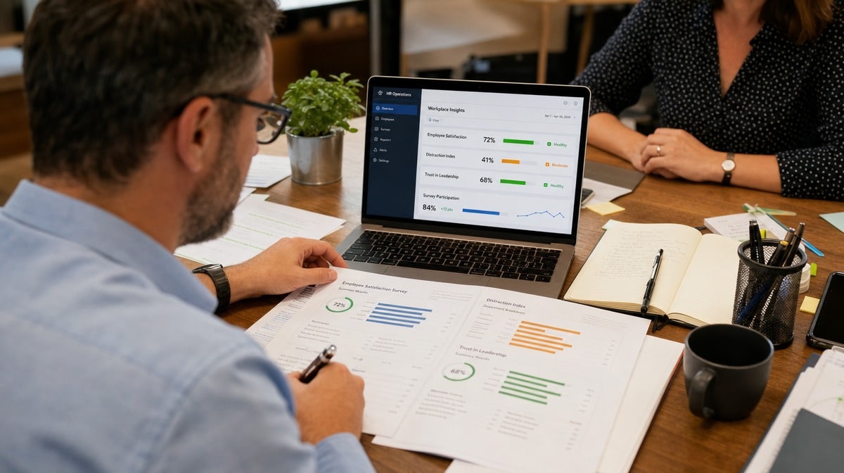 Employee satisfaction and trust metrics reviewed at a desk