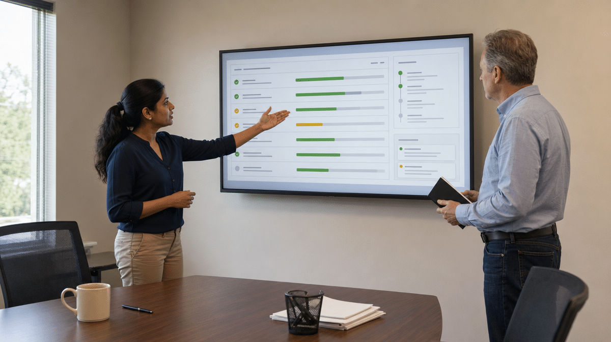 Supervisor and employee reviewing progress on an agreed performance action plan